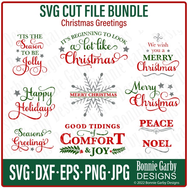 Christmas Greetings SVG Bundle, Cut Files, Color Digital Stamps, Cricut, Silhouette, Sublimation, Words for Cards, Clip Art, Quote, Clip Art