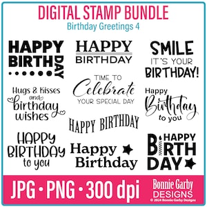 Lot de 4 timbres sentiment numérique voeux d'anniversaire, citations Word Art, clipart, citations pour la fabrication de cartes, sentiment de carte, PNG, tampons numériques