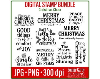 Pacchetto di timbri digitali "Christmas Cheer 2025", citazioni di Word Art, sovrapposizione di foto, clipart, citazioni di Word Art per biglietti d'auguri, PNG, sentimenti digitali