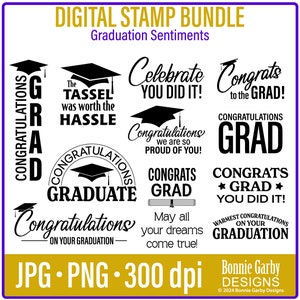 Lot de timbres numériques Sentiments de remise des diplômes, clipart, citations Word Art pour cartes, timbres numériques, PNG, sentiments numériques, mots pour cartes