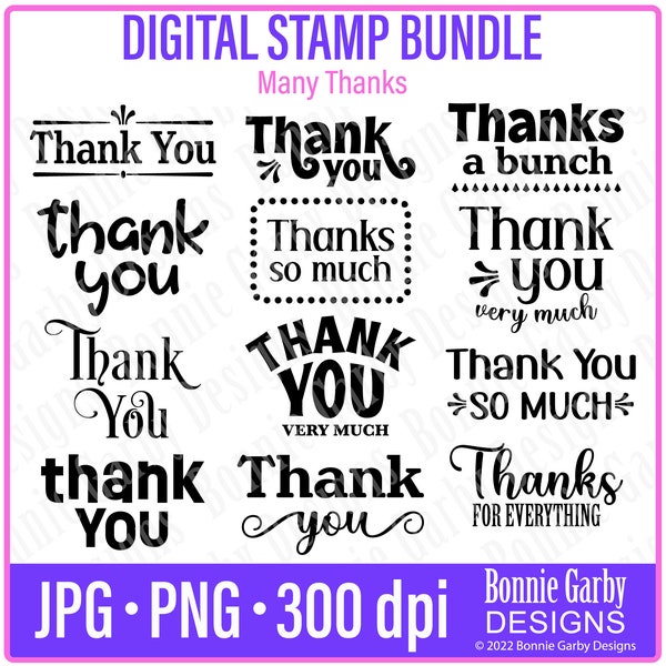 Many Thanks Thank You Digital Stamp Bundle Word Art Quotes for Cardmaking  Digital Stamps Digital Sentiments Words for Cards Photo Overlays