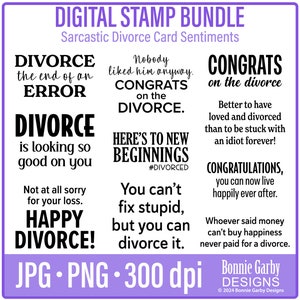 Bundle de timbres numériques divorce sarcastique, sentiments, clipart, citations Word Art pour la fabrication de cartes, mots pour cartes, PNG, mots sarcastiques