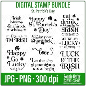 Lot de timbres numériques pour la Saint-Patrick, citations d'art Word, clipart, citations pour la fabrication de cartes, mots pour cartes, images PNG, sentiments numériques