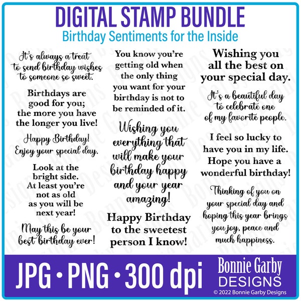 Birthday Sentiments 'For the Inside' Digital Stamps, Photo Overlays, Clip Art, Word Art Quotes for Cardmaking, Words for Cards, PNG