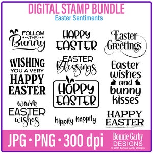 May include: Digital stamp bundle featuring Easter sentiments in black text on a purple background. Phrases include "Happy Easter", "Easter Greetings", and "Follow the Bunny". Includes JPG and PNG formats.