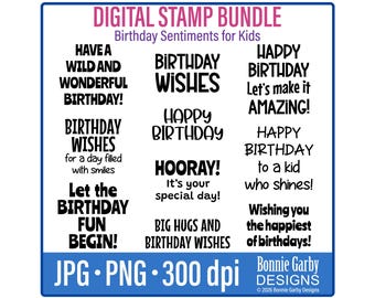 Birthday Sentiments for Kids Digital Stamp Bundle, Clip Art, Birthday Card Sentiments for Children, PNG, Digital Sentiments, Words for cards
