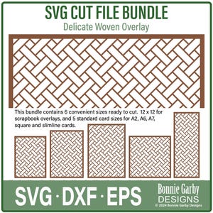 May include: SVG cut file bundle for delicate woven overlay design. Includes 6 sizes, 12x12 for scrapbook overlays and 5 standard card sizes for A2, A6, A7, square and slimline cards. SVG, DXF, EPS files.