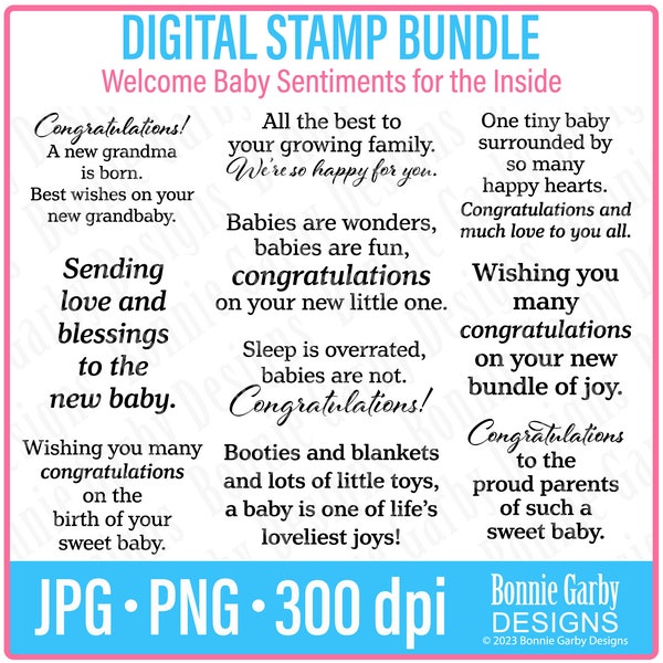 Welcome Baby Sentiments 'for the inside' Digital Stamp Bundle, Clip Art, Word Art Quotes for Cardmaking, Words for Cards, PNG, Quote