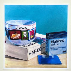 May include: An oil painting featuring a coffee mug with "JAVA" printed on it, resting on a book titled "The MS-DOS". A box of "Highland DISKETTES" and a blue floppy disk are also present. The background is a solid light blue.
