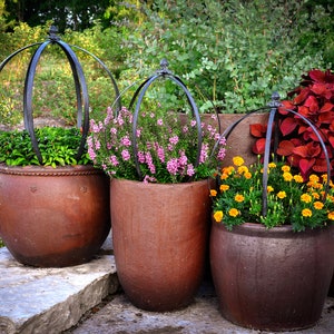 May include: Four terracotta pots with metal plant supports, each containing different plants. The pots are arranged on a stone patio with a pond in the background. The plants include green foliage, pink flowers, yellow flowers, and red foliage.