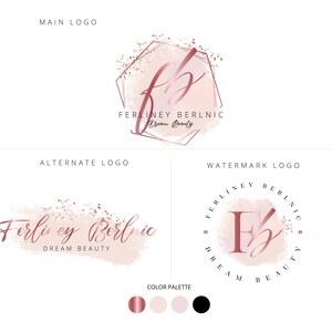 Design del logo con glitter di bellezza in acquerello in oro rosa, logo del truccatore, logo dei capelli, logo metallico, marchio, design del logo della firma, logo in lamina