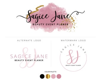 Watercolor Pink and Black Gold Beauty Logo Design, Hair Logo, Fashion Logo, Hair Bundles Extensions Logo, Premade Logo, Foil Glitter Logo