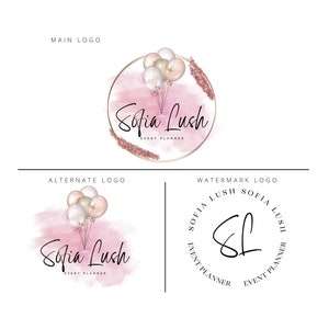 Beautiful watercolor rose gold balloons event planning logo design, birthday logo, party logo design, event logo, signature logo design