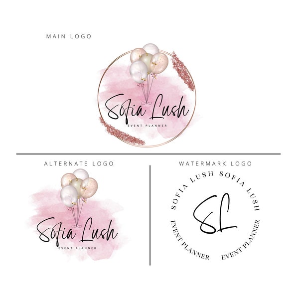 Beautiful watercolor rose gold balloons event planning logo design, birthday logo, party logo design, event logo, signature logo design