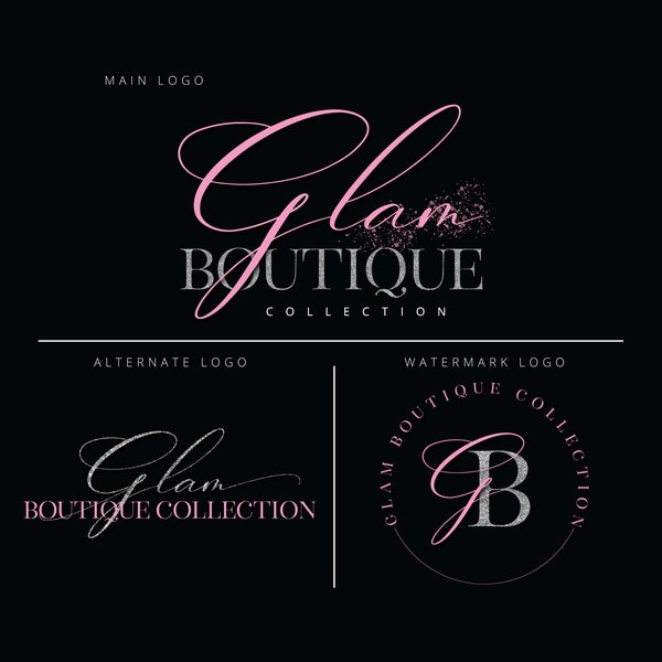 Elegant Pink Glitter Boutique Logo, DIY Logo Design Template, Hair Logo Design, Hair Extensions Logo, Beauty Logo Design, Business Logo