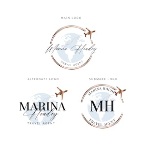 Travel Agent Logo Design: Globe & Plane, Rose Gold Branding