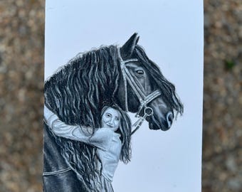 Schizzo a matita e carboncino di cavallo e ragazza 9x12