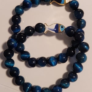 Blue Tiger&#39;s Eye Beaded Bracelet with Gold Fish Charm