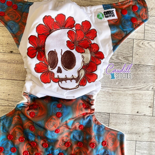 Skull Red Roses Print Embroidered Pocket One-Size Diaper, Baby’s Nappies, Reusable, Baby Shower Gift, Ready To Ship