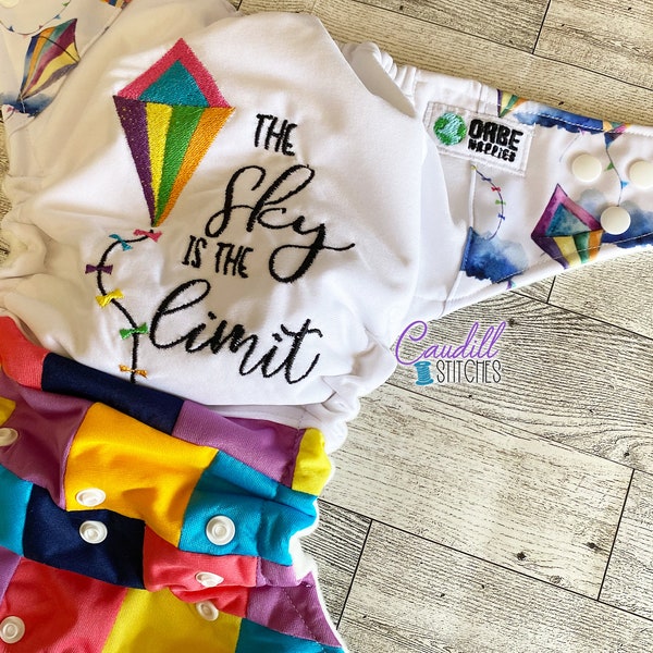 The Sky Is The Limit, Cloudy Day, Kites Print Embroidered Pocket One-Size Diaper, Baby’s Nappies, Reusable, Baby Shower Gift, Ready To Ship