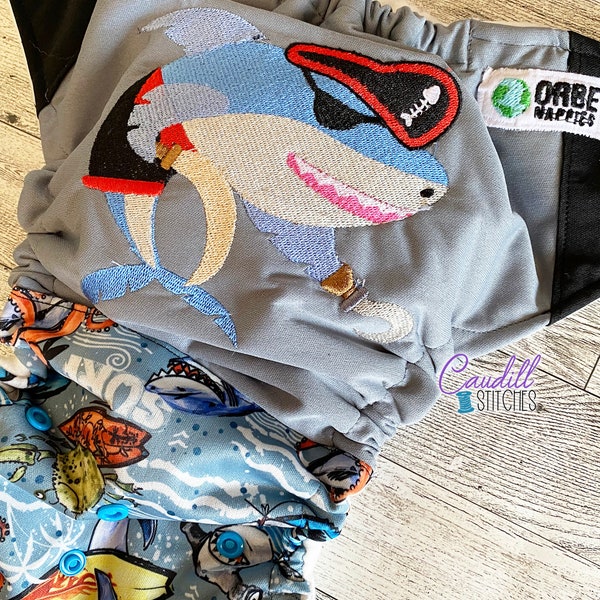 Surfing Shark Pirate, Argh, Sea Bandit Embroidered Pocket One-Size Diaper, Baby’s Nappies, Reusable, Baby Shower Gift, Ready To Ship