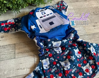 Droid Star Battle 4th of July Print Embroidered Pocket One-Size Diaper, Baby’s Nappies, Reusable, Baby Shower Gift, Ready To Ship