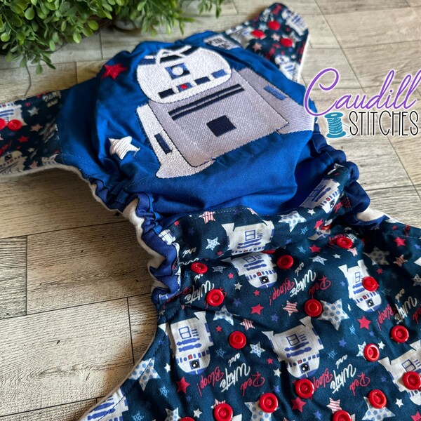 Droid Star Battle 4th of July Print Embroidered Pocket One-Size Diaper, Baby’s Nappies, Reusable, Baby Shower Gift, Ready To Ship