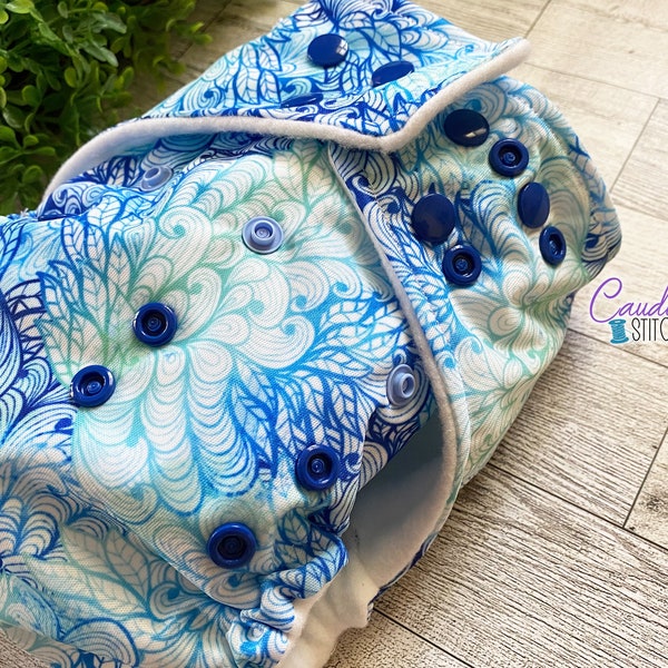 Abstract Blue Mandala Swirls Pocket One-Size Diaper, Baby’s Nappies, Reusable, Baby Shower Gift, Ready To Ship
