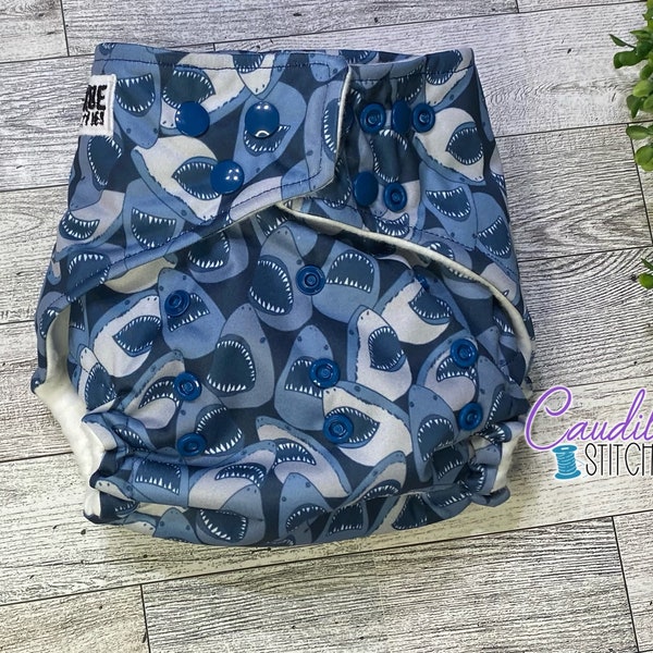 Shark Sea Attack Pocket One-Size Diaper, Baby’s Nappies, Reusable, Baby Shower Gift, Ready To Ship