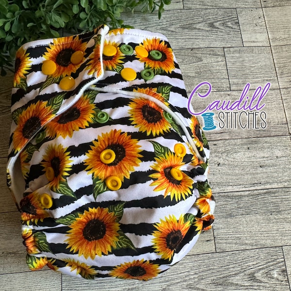 Striped Sunflowers Pocket One-Size Diaper, Baby’s Nappies, Reusable, Baby Shower Gift, Ready to Ship