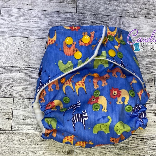 Safari Animals Print Pocket One-Size Diaper, Baby’s Nappies, Reusable, Baby Shower Gift, Made to Order