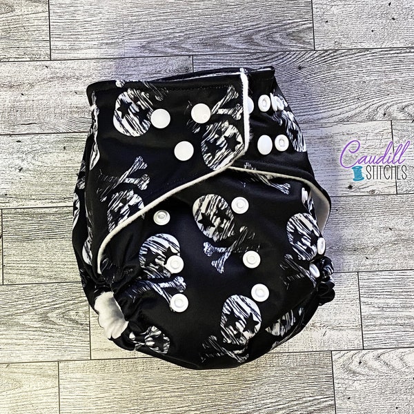 Skull Black and White Halloween Pocket One-Size Diaper, Baby’s Nappies, Reusable, Baby Shower Gift, Ready To Ship