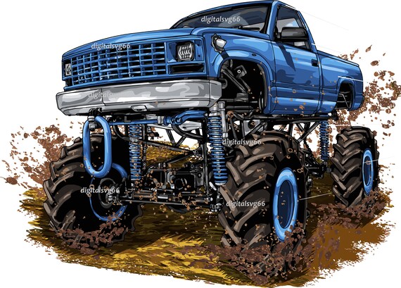 Cute blue monster truck cartoon illustration