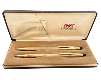 CROSS Vintage Pen and Pencil Set, Classic Thin Style, Engraved, Wood Gundy Anniversary, 10K Gold Filled