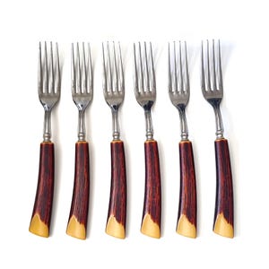 Peut inclure: Six fourchettes vintage avec des dents en acier inoxydable et des manches marron foncé avec une base beige clair. Les fourchettes sont disposées en rangée sur fond blanc. Les fourchettes sont probablement destinées à un cadre de restauration formel.