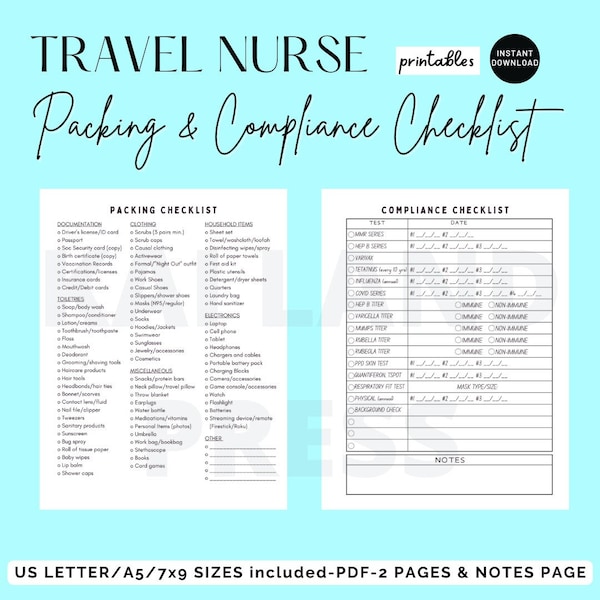 Travel Nurse Packing List Compliance Checklist for Nurse Planner Notebook Journal PDF Printable Inserts