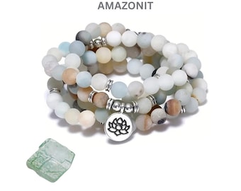 Collana Mala in amazzonite, collana di perline composta da 108 gemme naturali di amazzonite con ciondolo a forma di loto, collana di pietre preziose, gioiello spirituale per lo yoga.