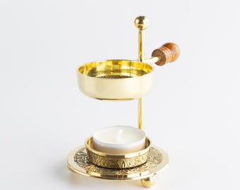 Räucherstövchen aus Messing in gold, höhenverstellbar mit Holzgriff, sanftes Räuchern, Meditation, Yoga & Räucherwerk, mit Sieb und Teelicht