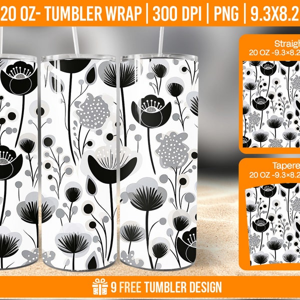3D  Black And White,  Roses 20oz Skinny Tumbler Wrap, Tumbler Wrap, Digital Download PNG, Straight & Tapered PNG