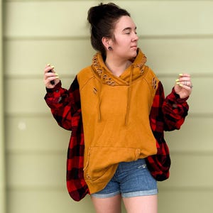 Upcycled Flannel Hoodie - One of a Kind - Unique - Reworked - Refashioned - Distressed - 90s Fashion  - Western - Grunge
