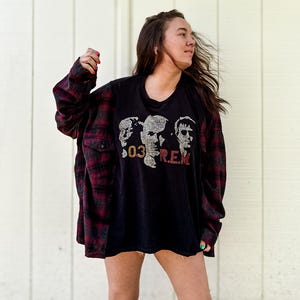 Upcycled Flannel Shirt - R.E.M. - One of a Kind - Reworked Graphic - Band Tee  - Classic - Rock Music - Summer - Alternative