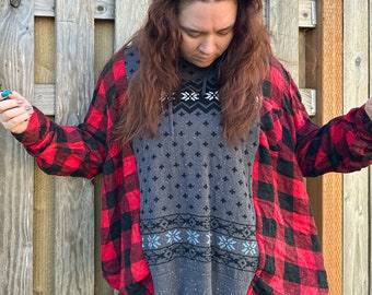 Upcycled Winter Flannel Hoodie - Snow Print - One of a Kind - Buffalo Flannel - Holidays - Sustainable Fashion - Red and Black