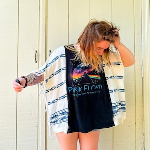 Upcycled Pink Floyd Graphic Knit Top: Bohemian Fringe, Western Style