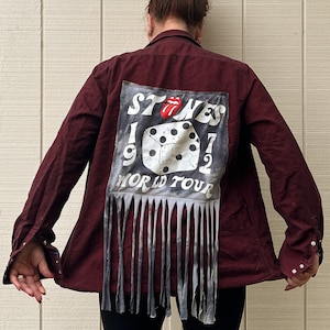 Upcycled Pearl Snap Shirt - Rolling Stones Graphic - One of a Kind  - Unique  - Fringe