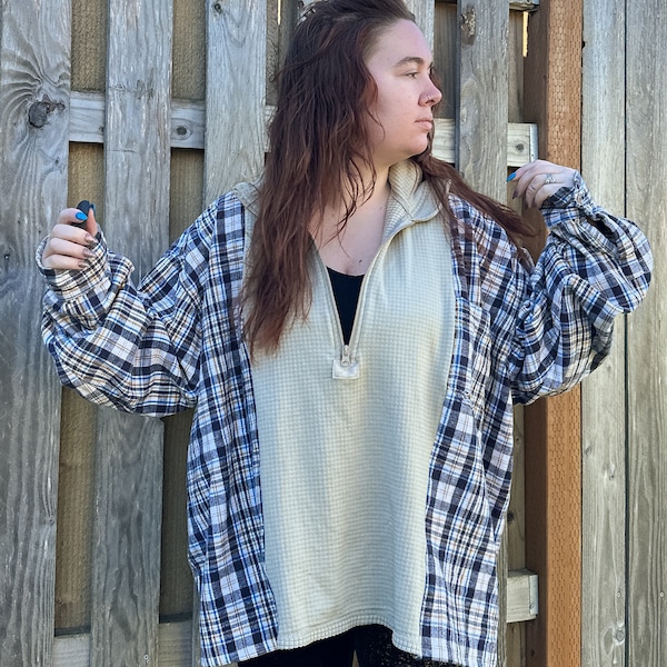 Upcycled Flannel 3/4 Zip Mock Neck Sweater - Deconstructed Waffle Knit - Neutral Colors - One of a Kind - Unique - Reworked