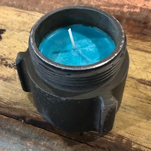 Firehose Coupling Candle, French Vanilla Candle, Light Blue Candle, upcycled firehose candle, firefighter gift, Father’s Day gift, recycled