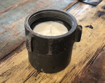 Firehose Coupling Candle, French Vanilla Candle, White Candle, upcycled firehose candle, firefighter gift, Father’s Day gift, recycled
