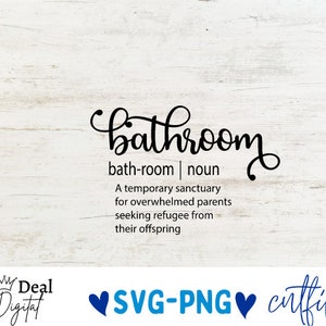 Puede incluir: Un diseño gráfico en blanco y negro con la palabra "Baño" escrita en cursiva. El texto debajo define la palabra como un "santuario temporal para padres abrumados que buscan refugio de su descendencia."