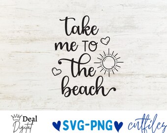Peut inclure: Texte graphique noir et blanc qui dit "Take me to the beach" avec un soleil et des cœurs. Le texte est en écriture cursive.