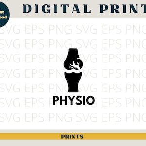 以下が含まれることがあります： 「PHYSIO」という文字の下に、膝関節の白黒シルエットがあります。画像は、「SVG EPS PNG」というテキストで囲まれており、何度も繰り返されています。
